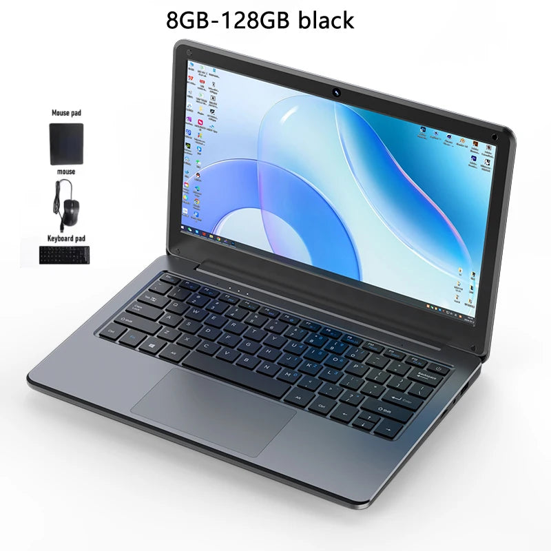 Black budget laptop bundle with 8GB RAM and 128GB SSD, includes mouse, keyboard, and mousepad—ideal for students