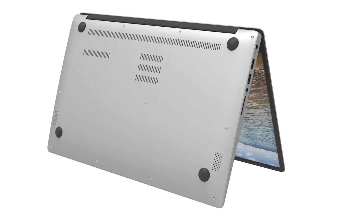 Underside of laptop showing cooling fan vent and rubber feet for airflow