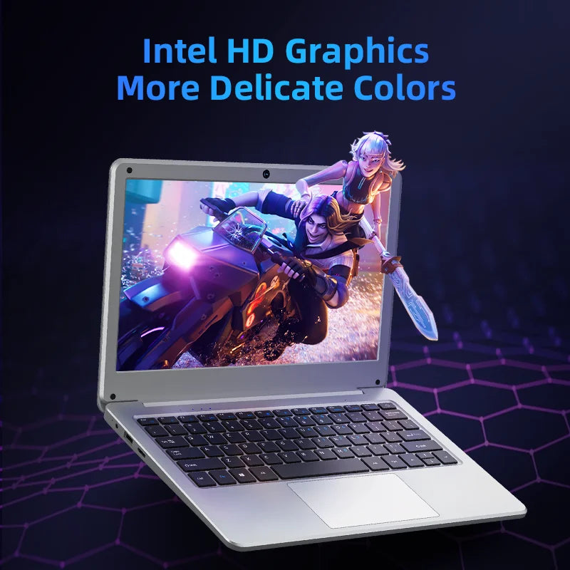 Laptop with Intel HD Graphics, showing video game characters coming through screen and tagline 'More Delicate Colors' for immersive visuals