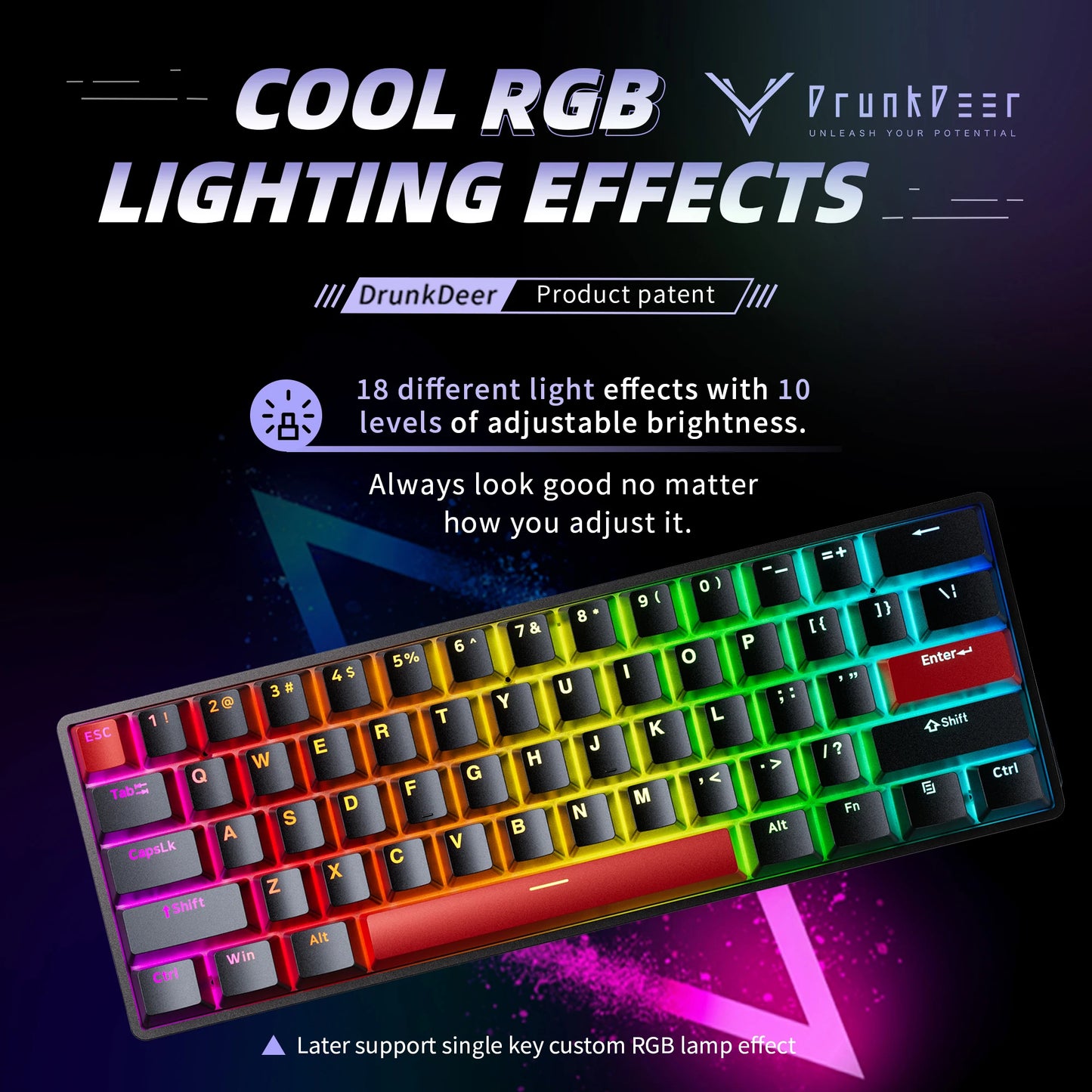 DrunkDeer G60 keyboard with colorful backlighting showing 18 lighting modes and brightness levels
