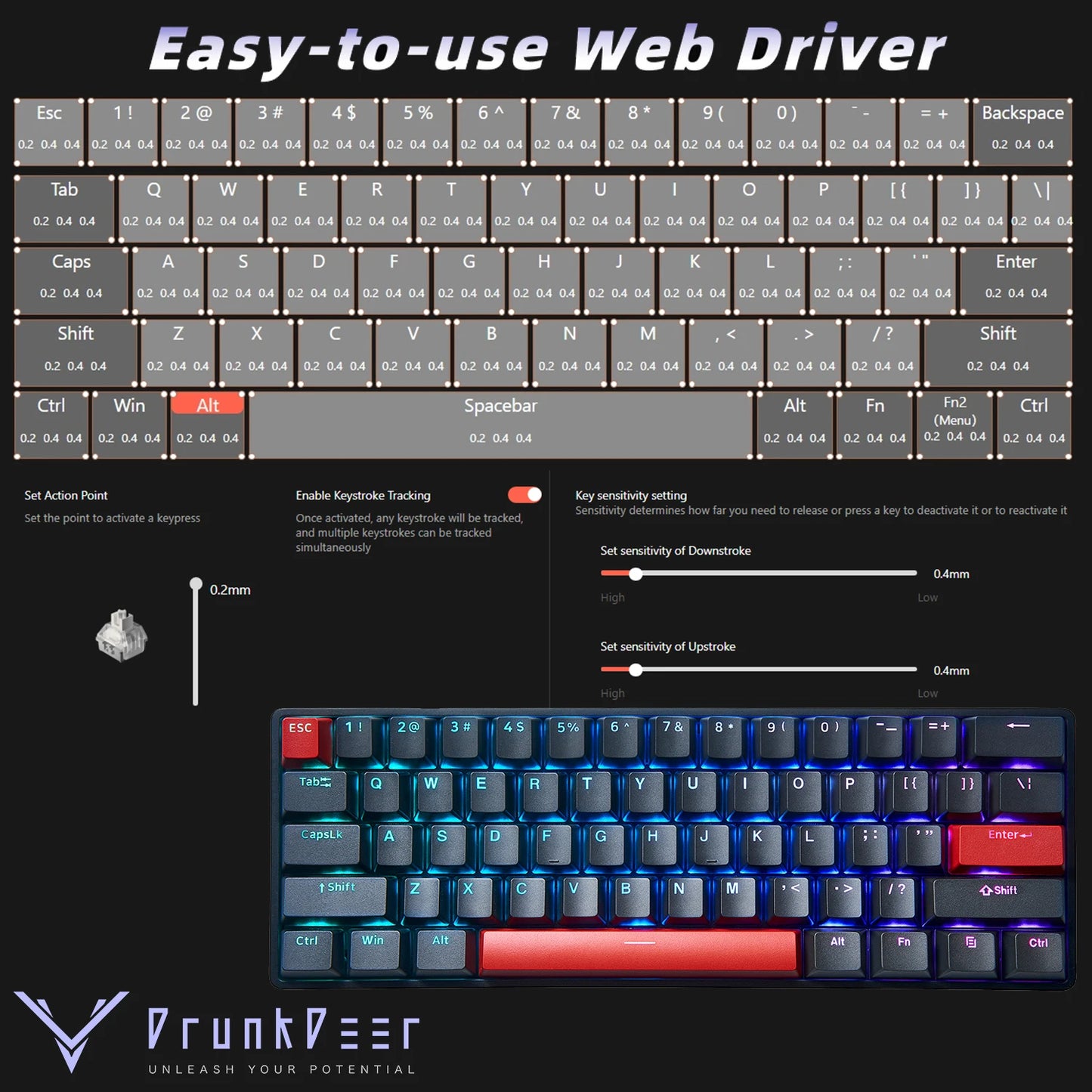 DrunkDeer G60 keyboard customization interface with web-based driver and settings chart