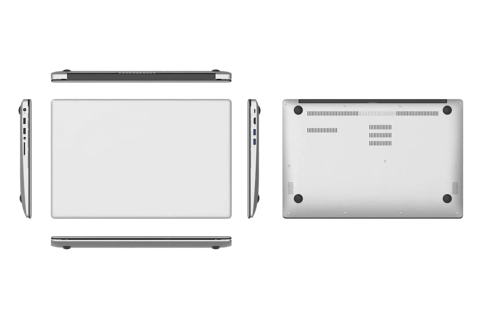 Composite image showing top, bottom, left and right sides of slim metal laptop chassis