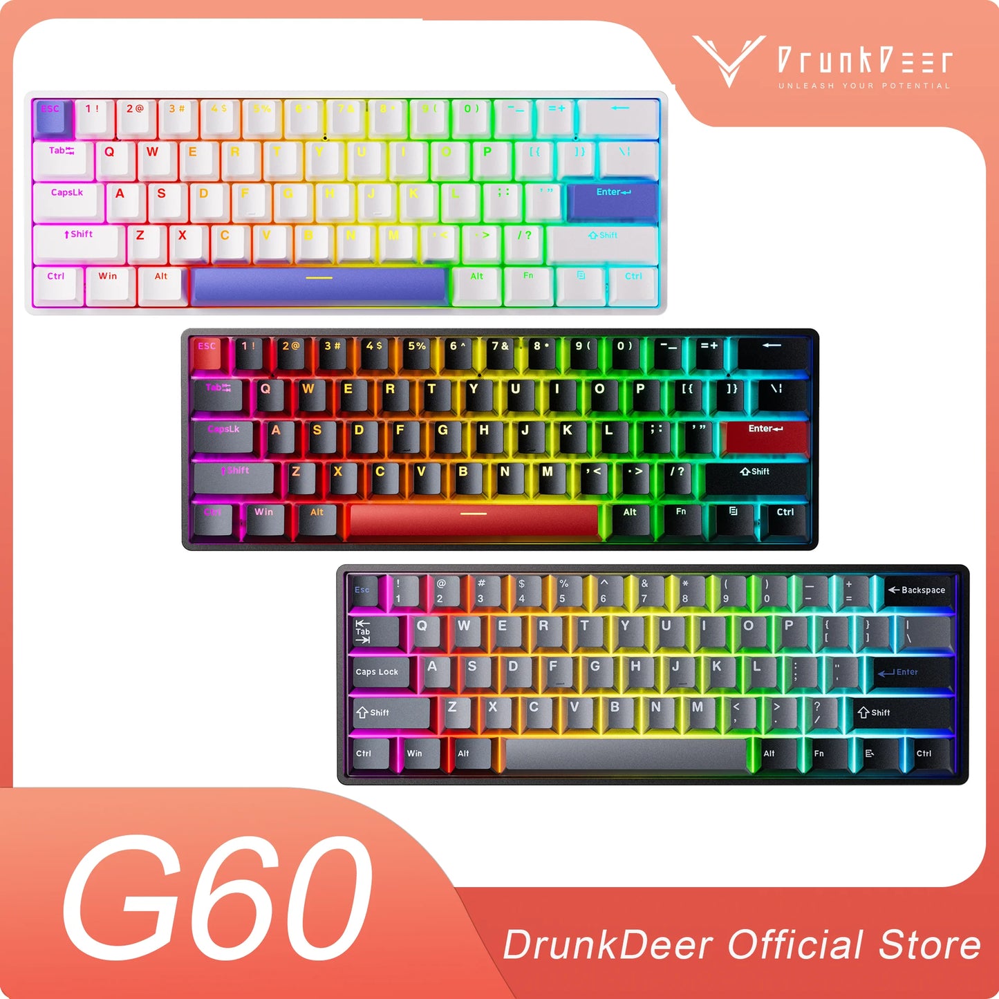 DrunkDeer G60 mechanical keyboard displaying three RGB lighting modes with official store branding