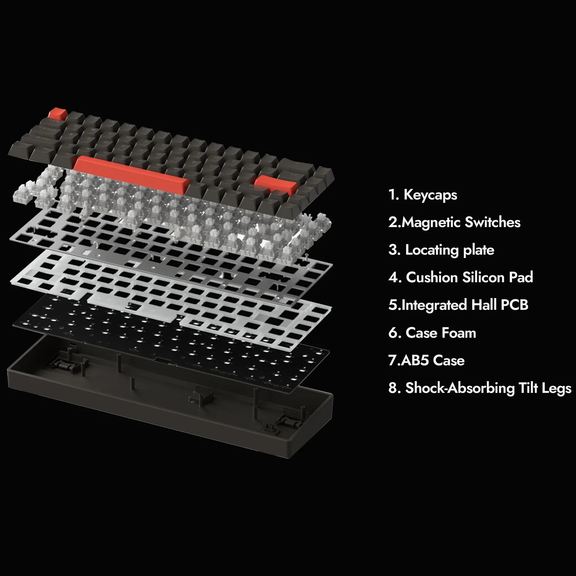 Breakdown of physical parts in the DrunkDeer G60 keyboard including magnetic switches