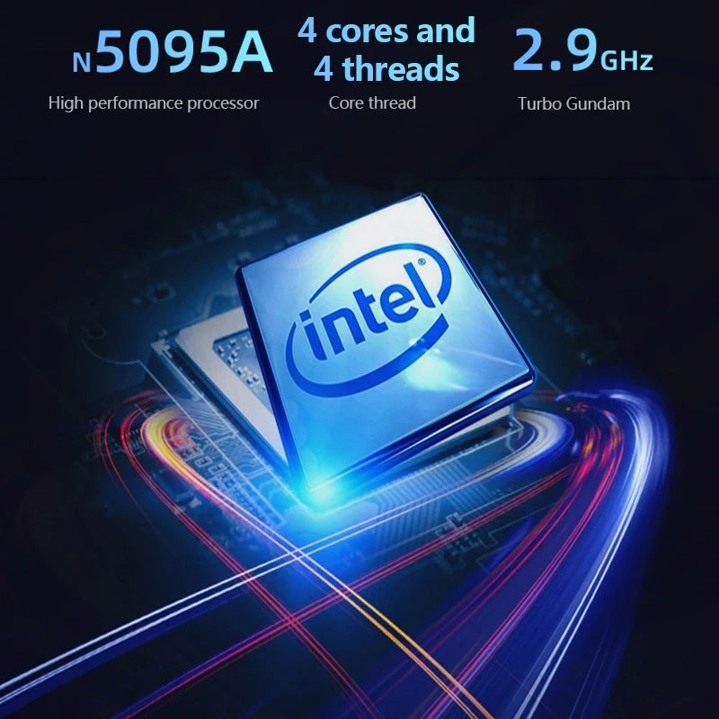 Infographic listing key specs of the Jumper EZbook S5 Pro including Intel N5095A CPU, 4 Cores and 4 Threads,, Turbo Gundam 2.9 GHz, 12GB RAM, and 256GB storage