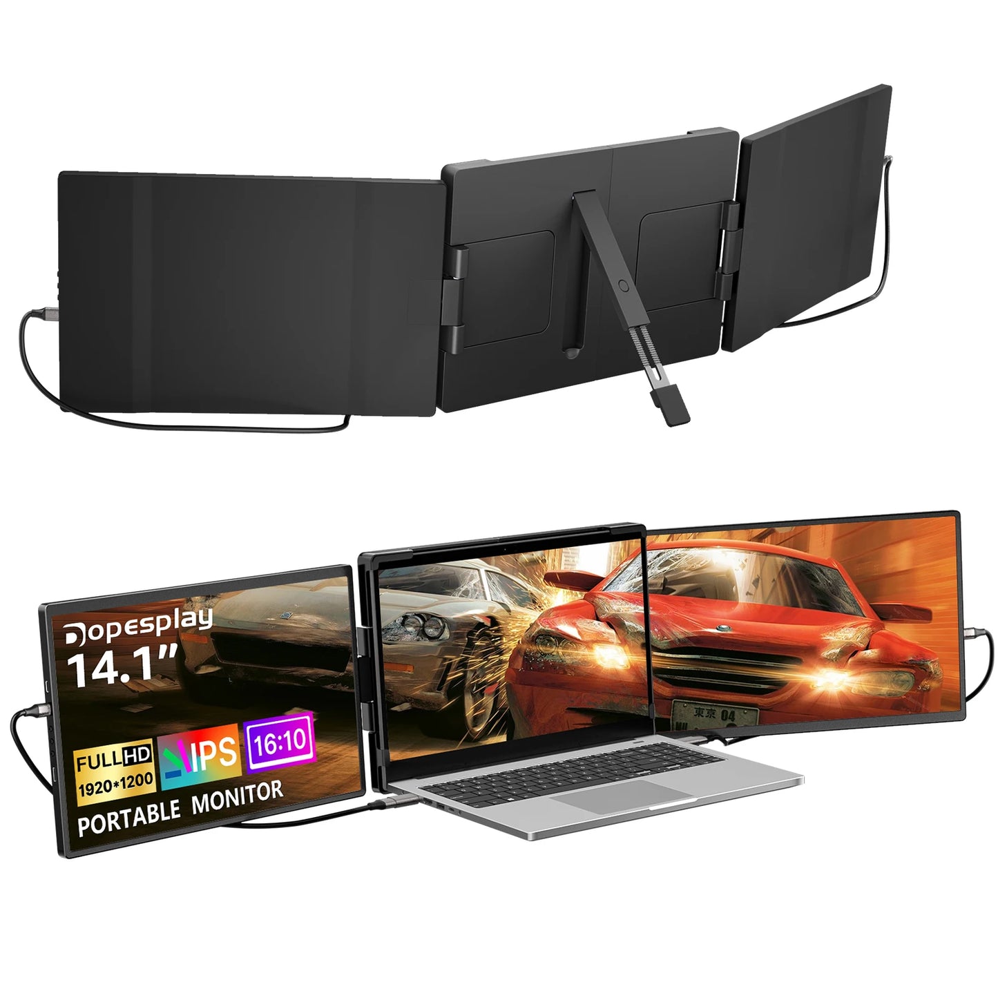 Front and back view of the Dopesplay triple laptop screen extender with Dopesplay logo clearly shown