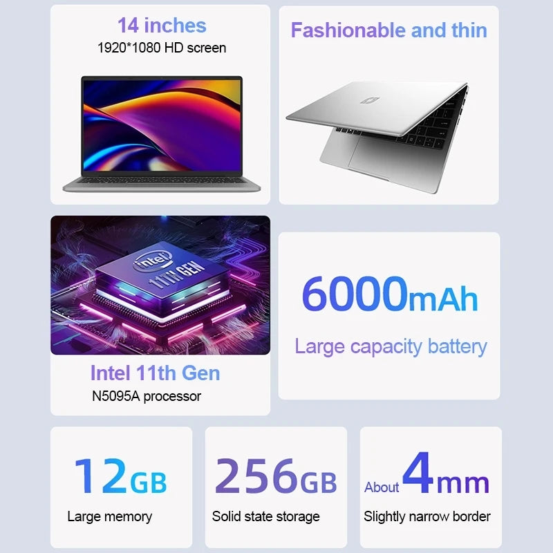 Graphic highlighting the laptop’s smooth performance, energy-efficient processor, and student-friendly features.