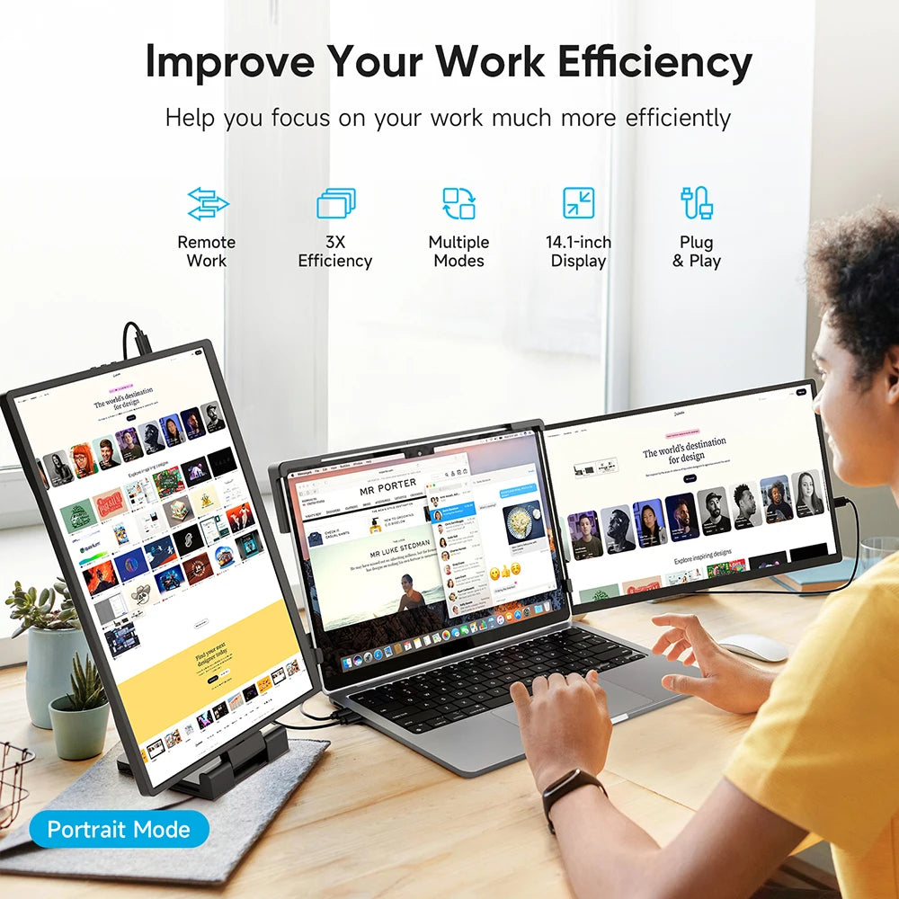 Young man using Dopesplay triple monitor extender at desk to boost productivity and multitasking efficiency